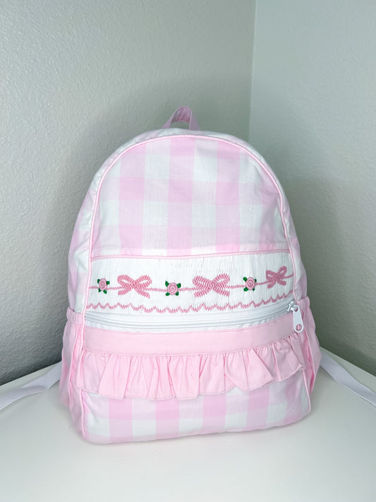 Pink Gingham Ruffle Hand Smocked Backpack