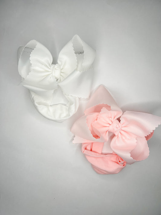 5.5” Scalloped edge bow on wide pantyhose headband (White & Pink)