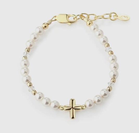 14K Gold-Plated Baby Cross and Pearls Eve Bracelet