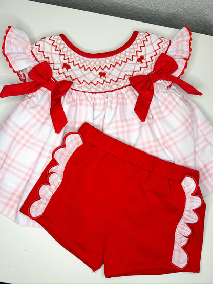 Pink & Red Hand Smocked Bow Short Set