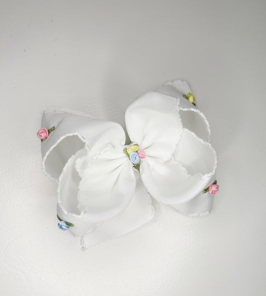 Flower Embellished Bow on Clip (White) 5.5”