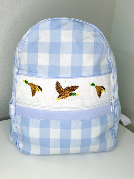 Blue Gingham Mallard Duck Hand Smocked Backpack