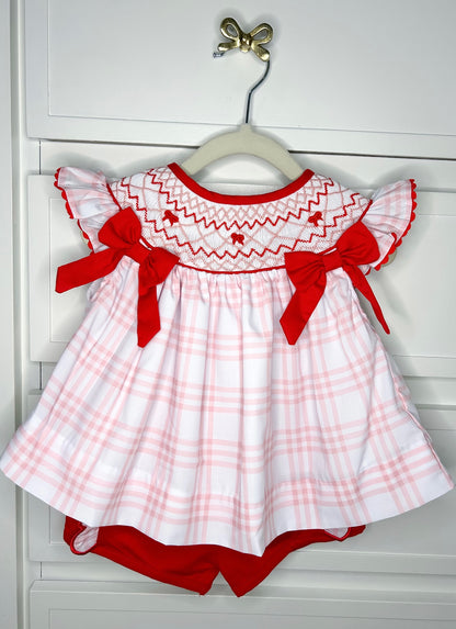 Pink & Red Hand Smocked Bow Short Set