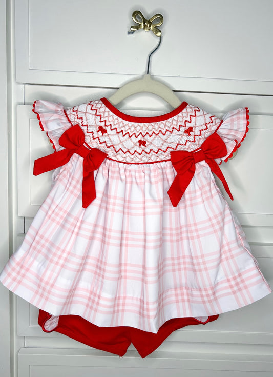 Pink & Red Hand Smocked Bow Short Set