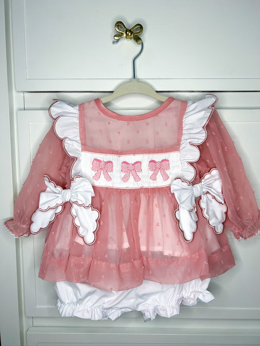 Hand Smocked Bow Bloomer Set