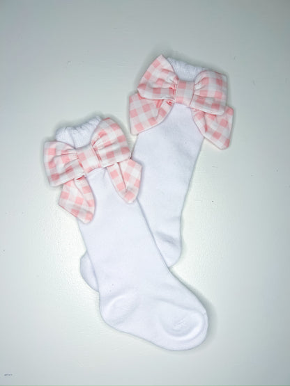 Cotton Knee Socks with Gingham Bows