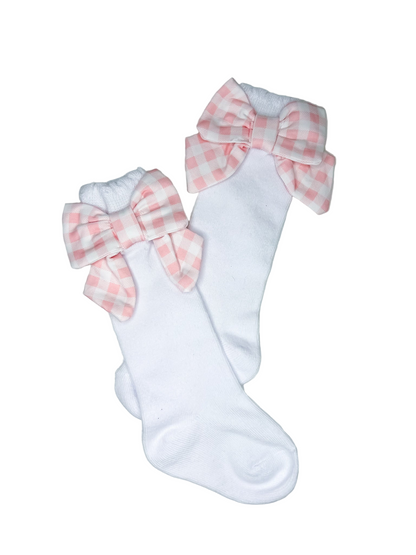 Cotton Knee Socks with Gingham Bows