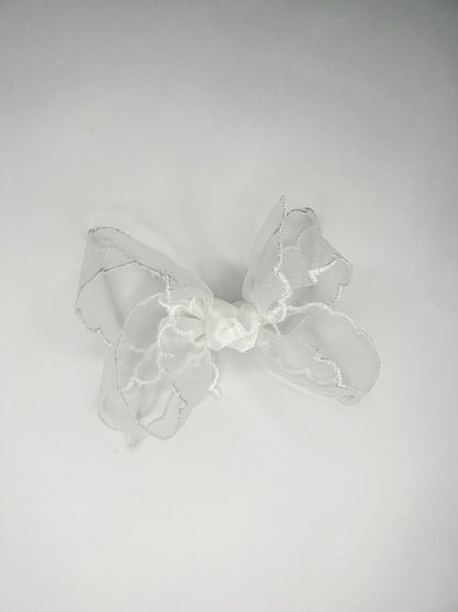 4.5” Scalloped Organza Bow on Alligator Clip (Pink and White)
