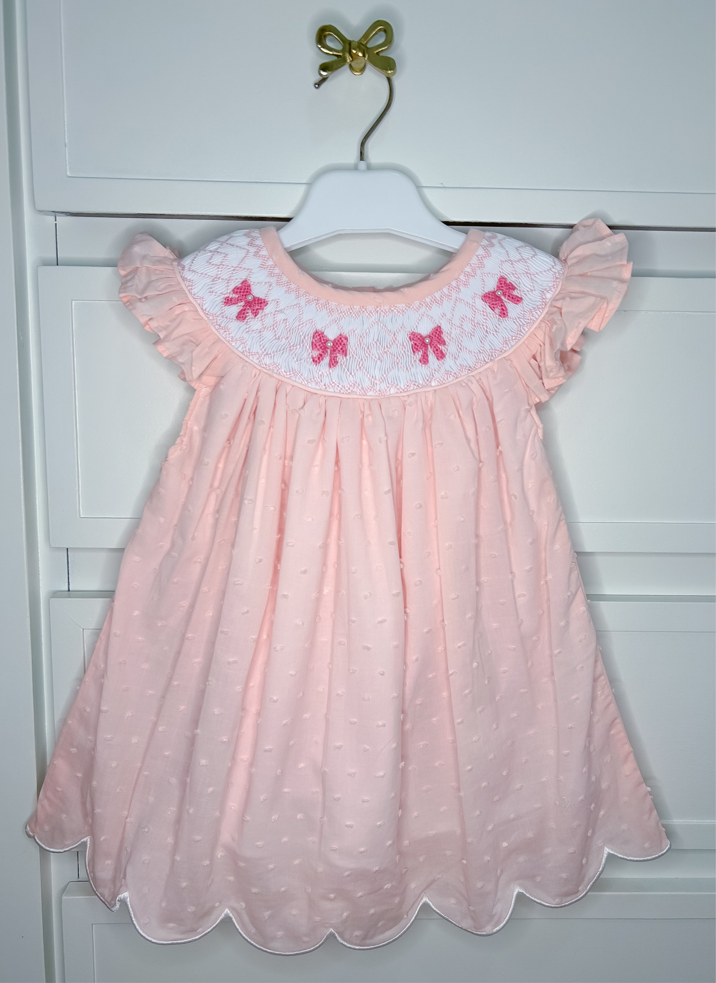 Hand Smocked Pink Swiss Dot Pearl Bow Dress
