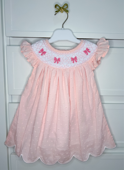 Hand Smocked Pink Swiss Dot Pearl Bow Dress