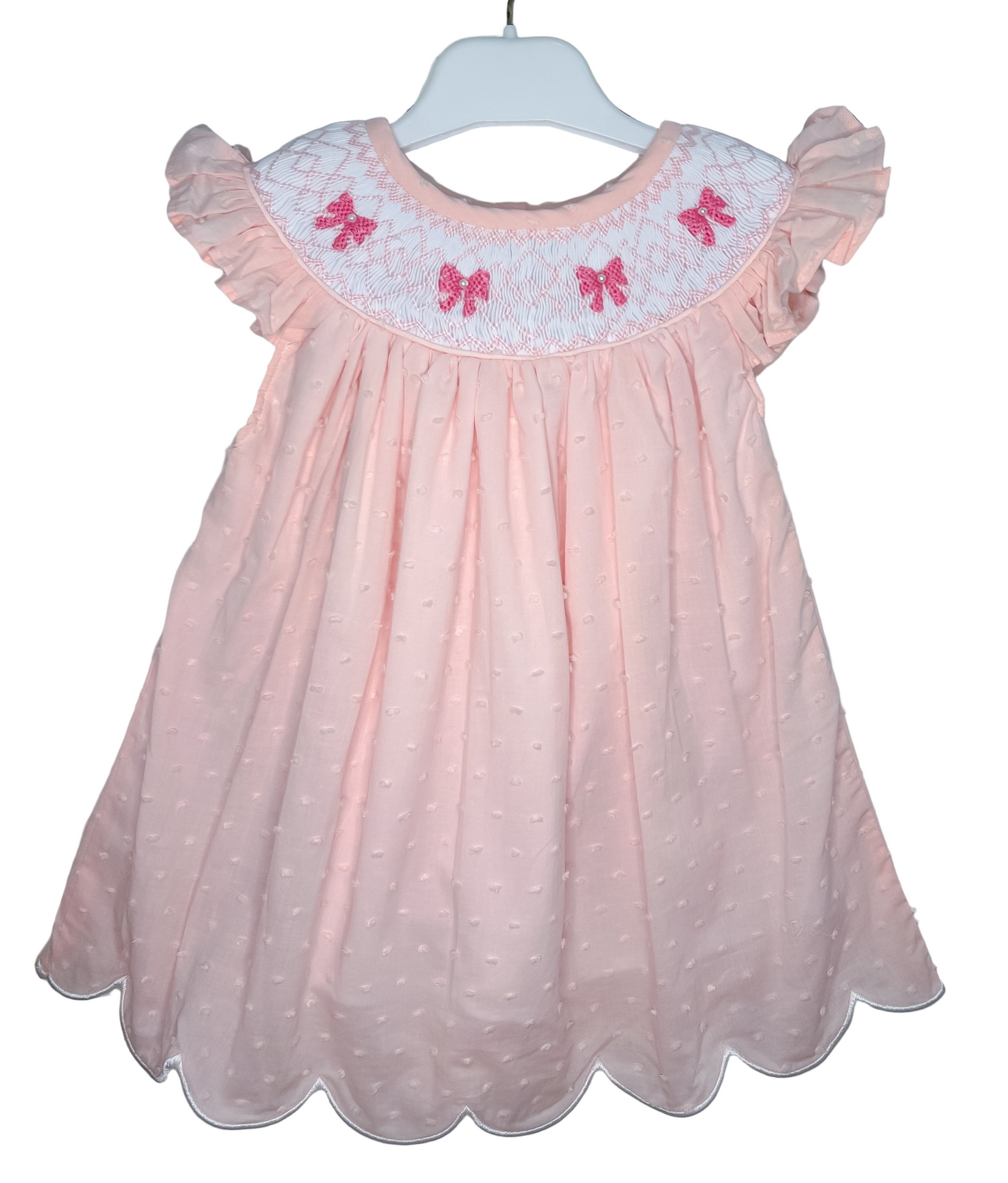 Hand Smocked Pink Swiss Dot Pearl Bow Dress