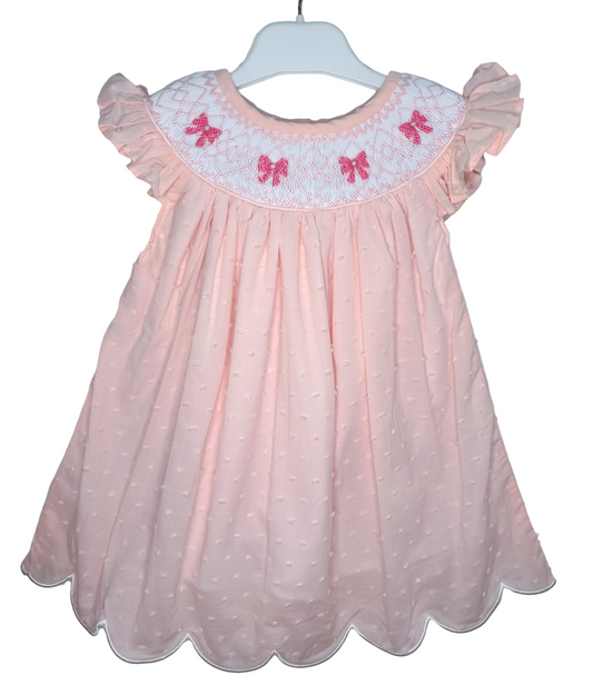 Hand Smocked Pink Swiss Dot Pearl Bow Dress