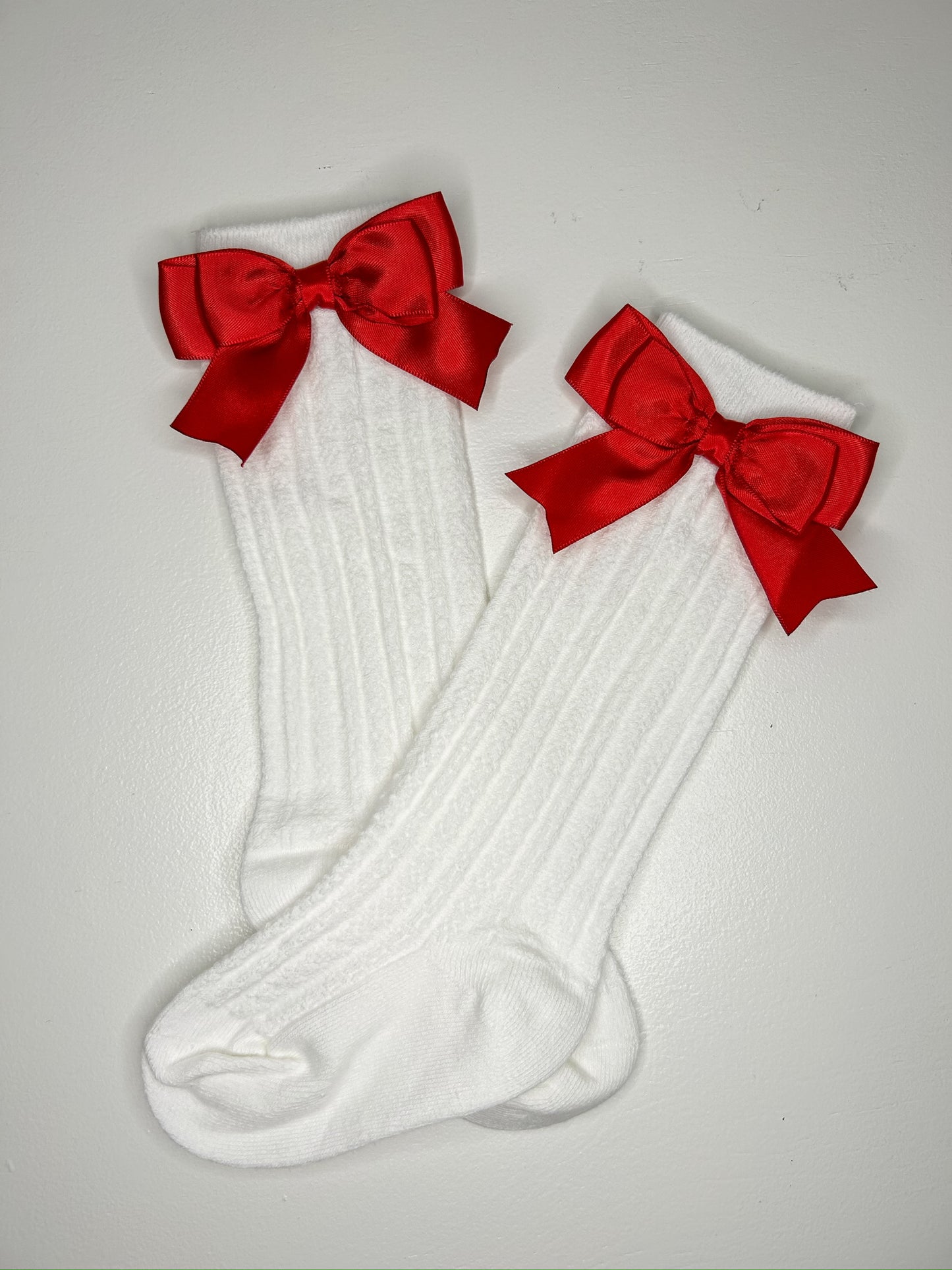 Cotton Knee High Socks with Red Satin Bows