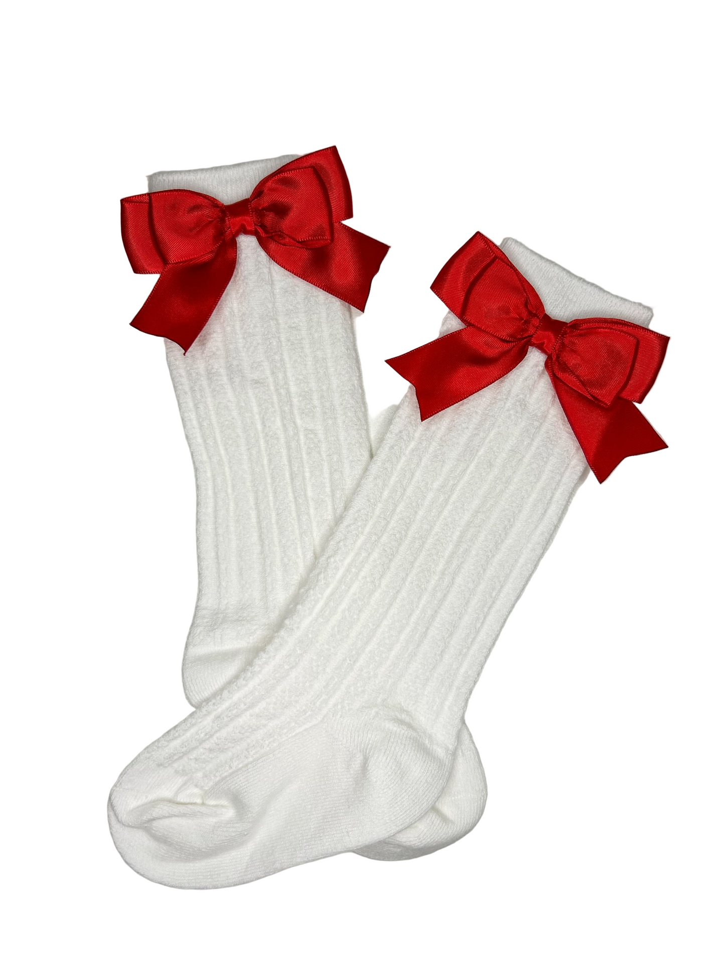 Cotton Knee High Socks with Red Satin Bows