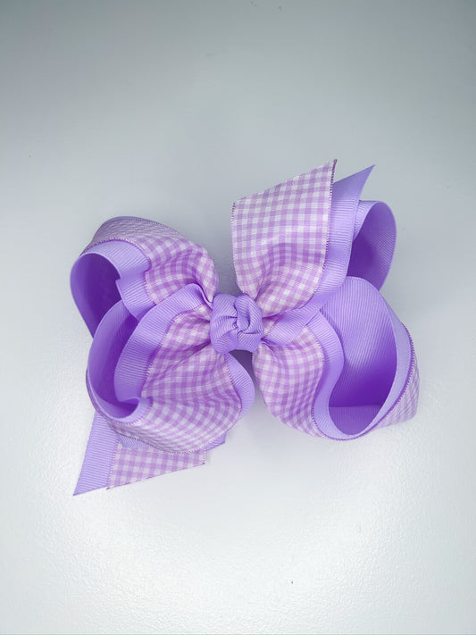 Layered Gingham/Grosgrain Bow on Clip (5.5”, Orchid)