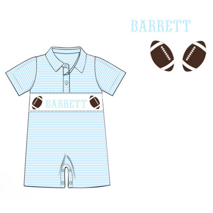 Pre-Order Light Blue Custom Hand Smocked Game Day Romper (Football and Baseball)