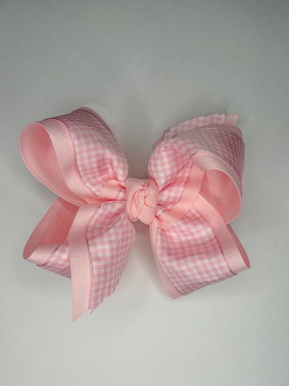 Layered Gingham/Grosgrain Bow On Clip 5.5” (3 colors)