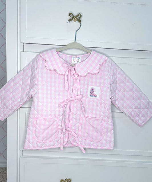 Hand Smocked Pink Gingham Boots and Bows Quilted Jacket