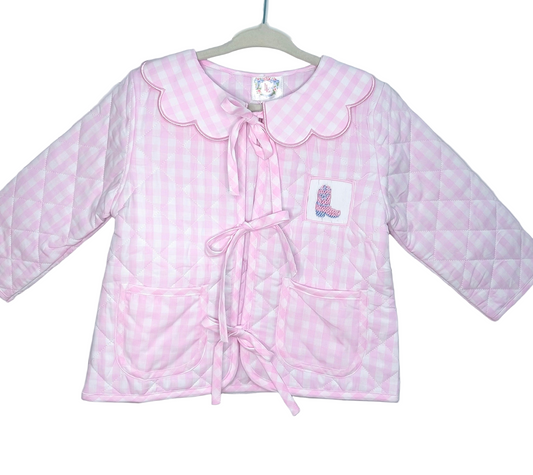 Hand Smocked Pink Gingham Boots and Bows Quilted Jacket