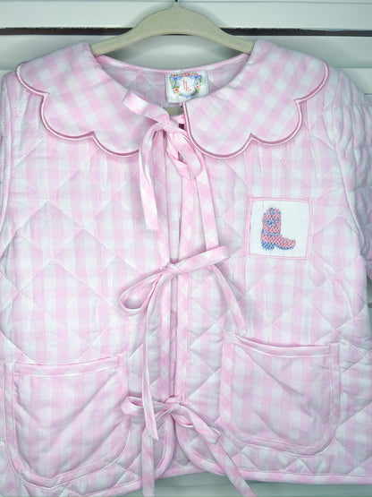 Hand Smocked Pink Gingham Boots and Bows Quilted Jacket