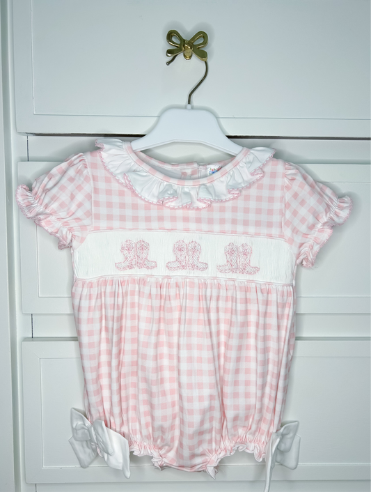 Hand Smocked Pink Bow Boots  Bubble