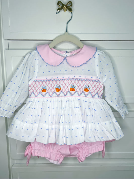 Hand Smocked Pumpkins Swiss Dot Bloomer Set