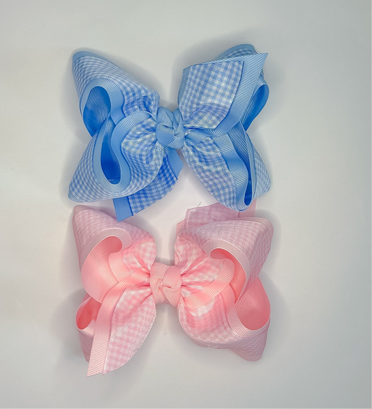 Layered Gingham/Grosgrain Bow On Clip 5.5” (Light pink and Light Blue)