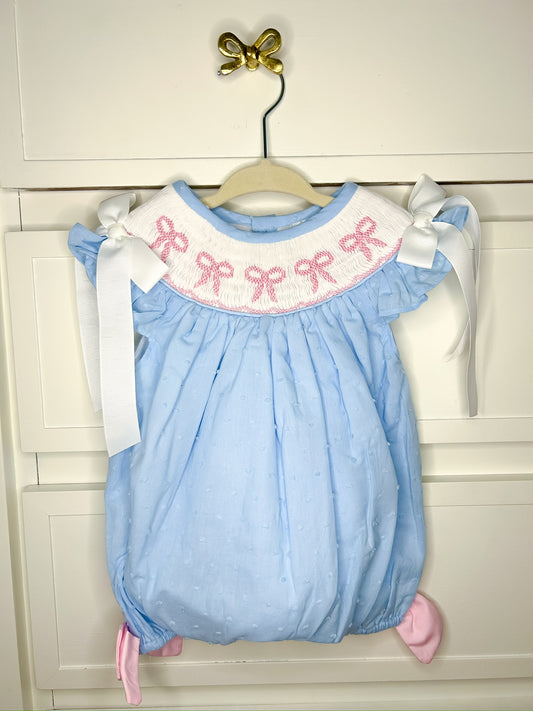 Hand Smocked Pink Bow Swiss Dot Bubble