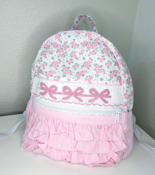 Fancy Floral Hand Smocked Pink Floral Backpack