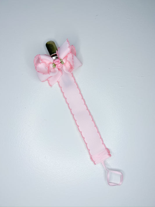 Crochet Edge Pacifier Clip with Flower Embellished Bow
