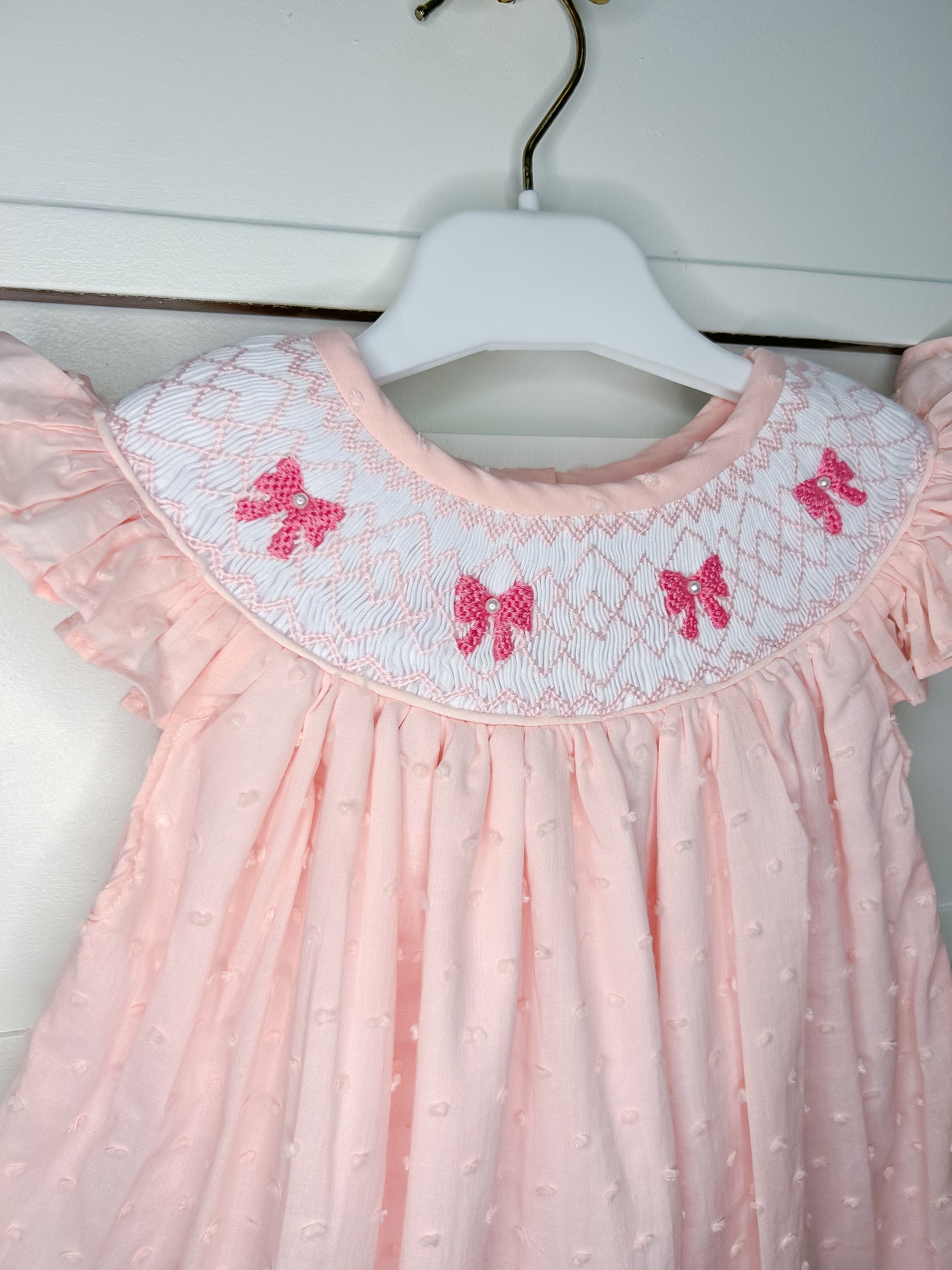 Hand Smocked Pink Swiss Dot Pearl Bow Dress