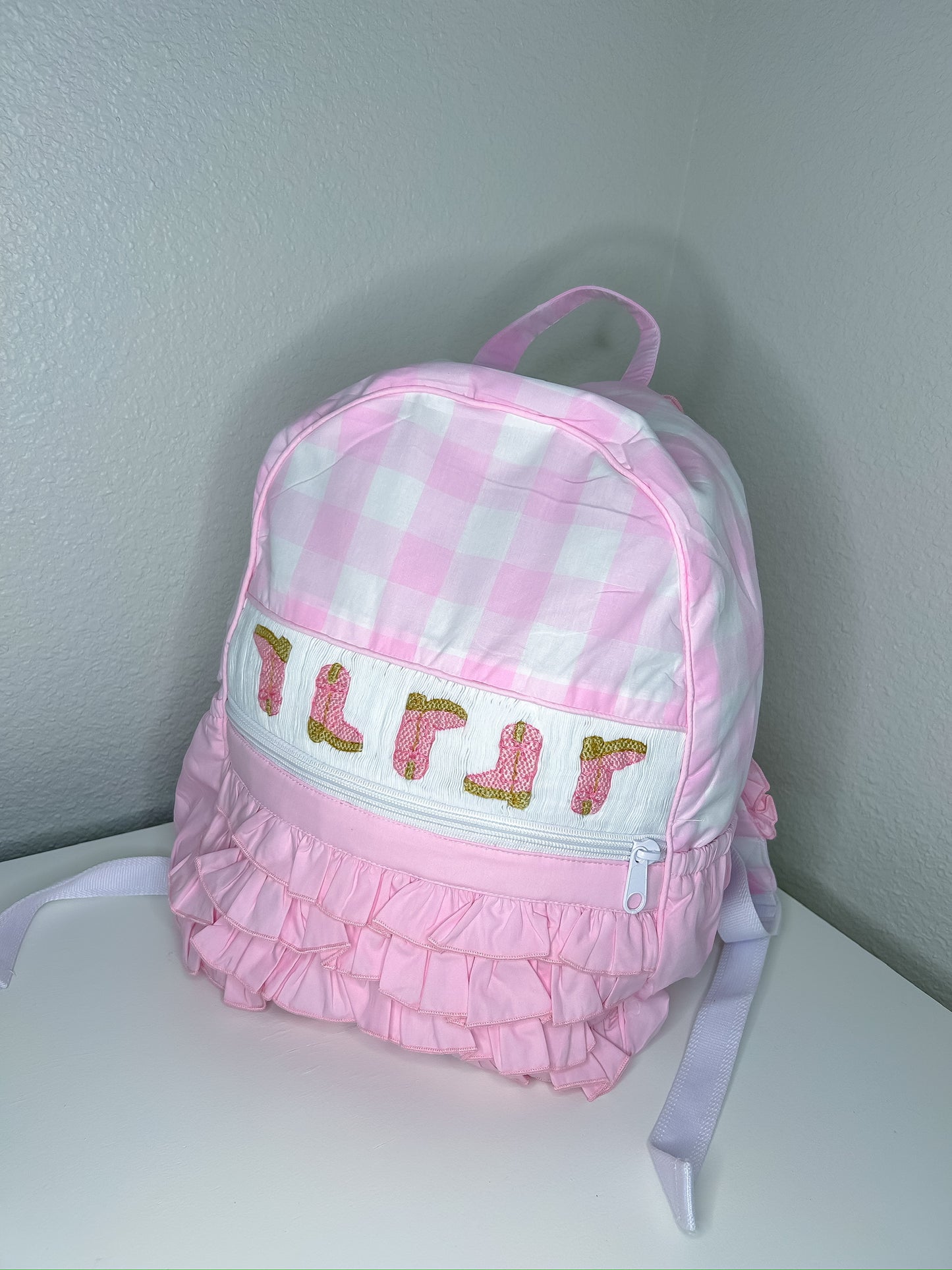 Hand Smocked Boots and Gingham Backpack with Ruffles