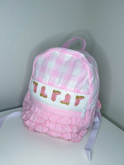 Hand Smocked Boots and Gingham Backpack with Ruffles