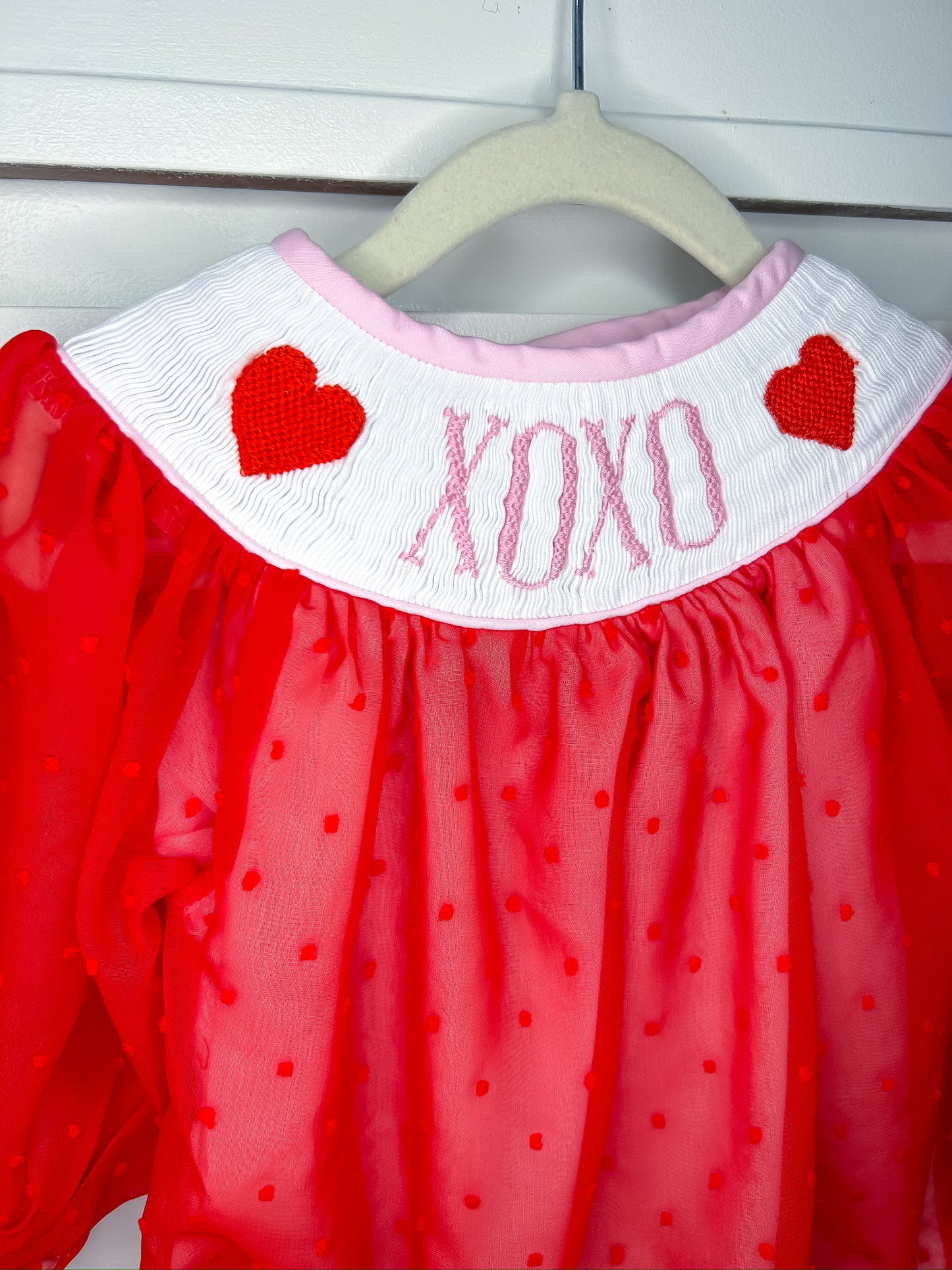 XOXO Hand Smocked Red Swiss Dot Bubble