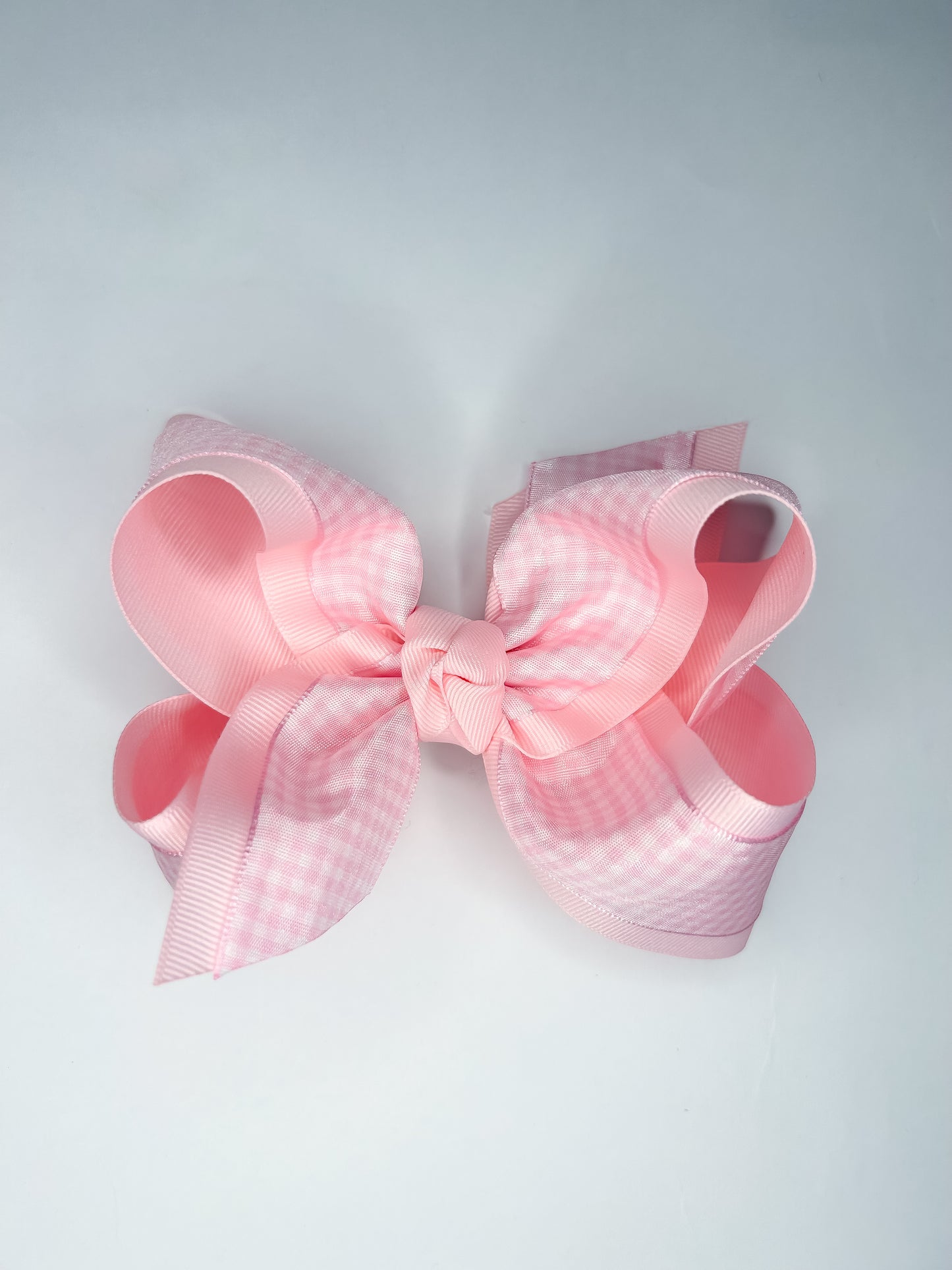 Layered Gingham/Grosgrain Bow On Clip 5.5” (Light pink and Light Blue)