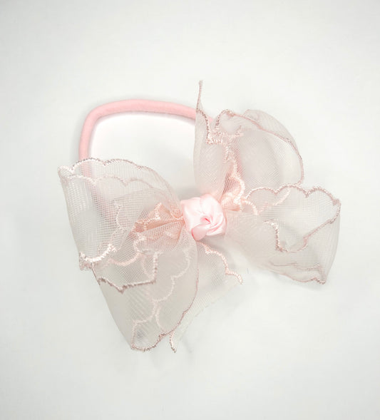 Scalloped Organza Bow with Pantyhose Headband 1/4” (Light Pink)