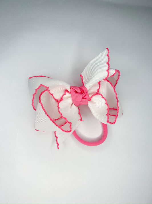 4.5in Crochet Edge Bow with Pantyhose Headband (White and Hot Pink)
